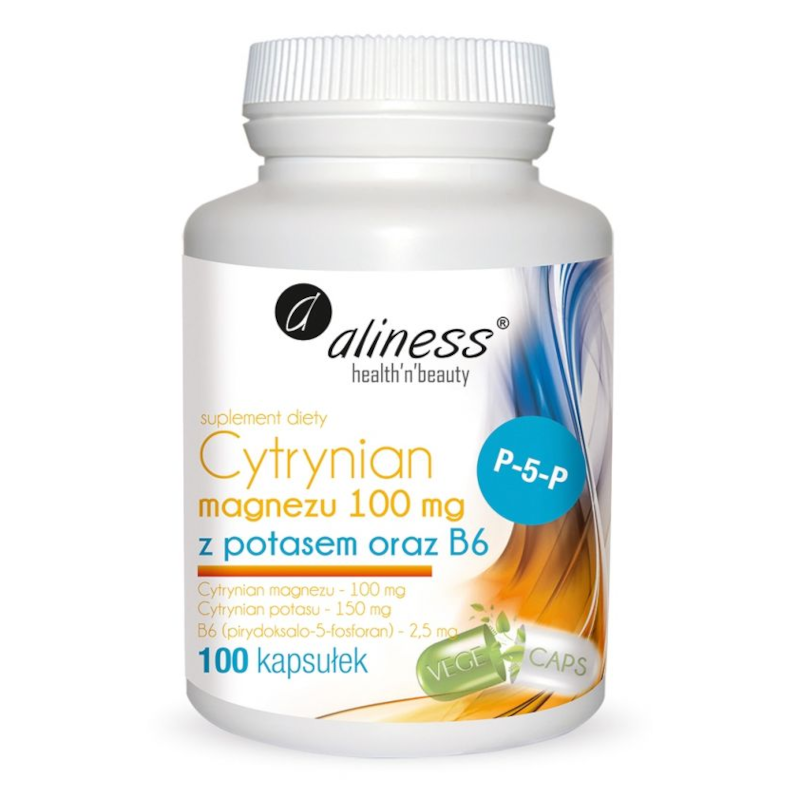 Minerały Magnez Aliness Cytrynian Magnezu 100 mg z Potasem 150 mg i B6 100 kapsułek 100kaps