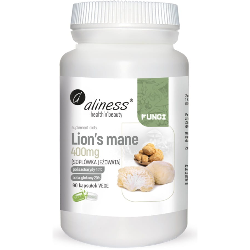 Pamięć i Koncentracja Soplówka Jeżowata Aliness Lion’s Mane Ekstrakt 40/20, 400mg 90vkaps