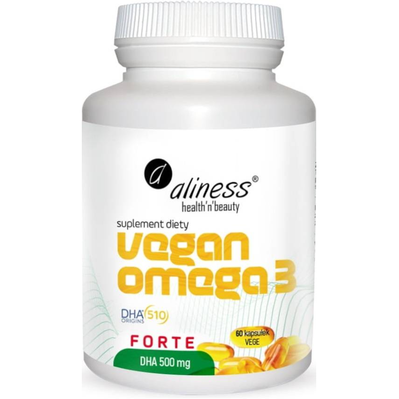 Kwasy Tłuszczowe Omega Aliness Vegan Omega 3 FORTE DHA 500 mg 60 kapsułek 60vkaps