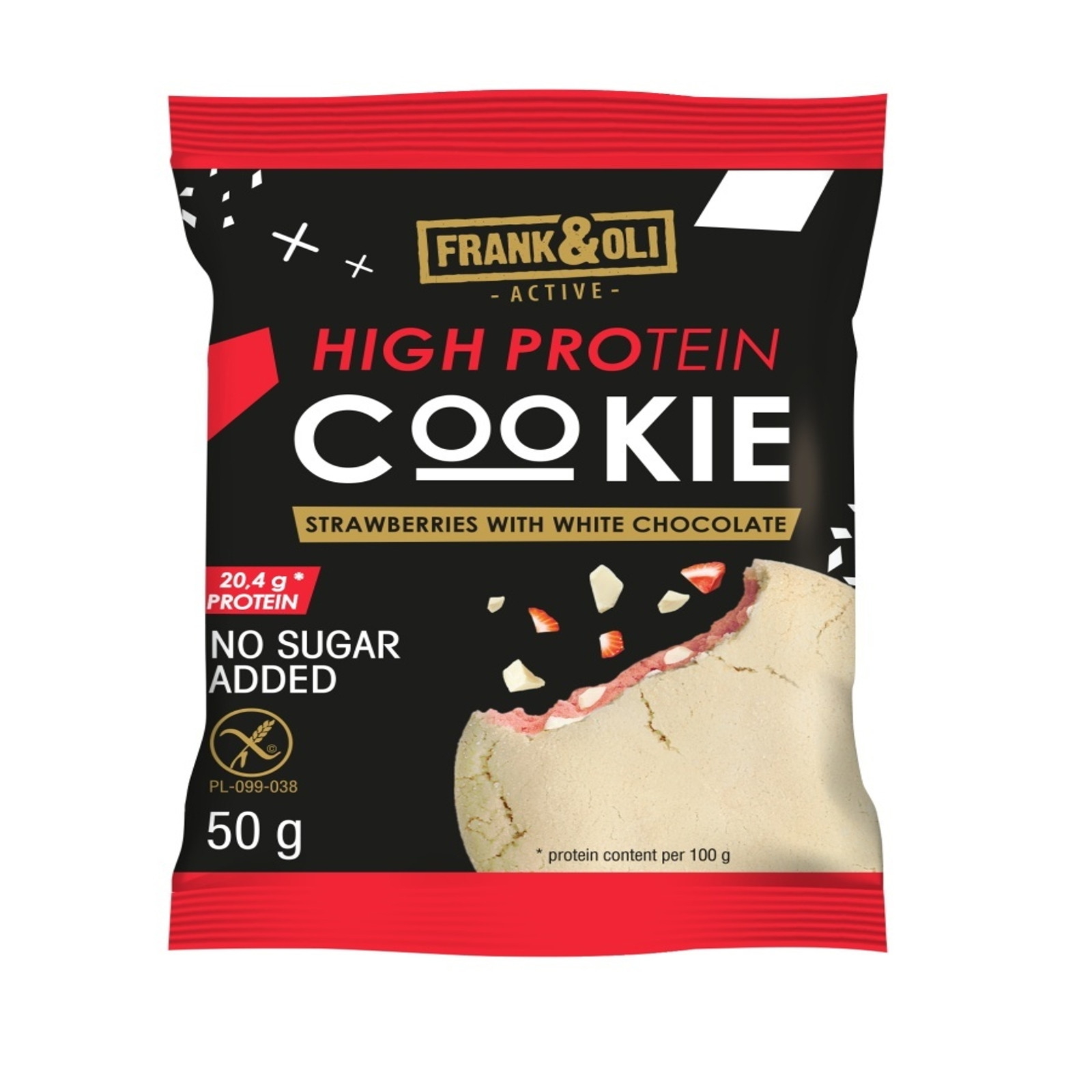 Ciastka i przekąski Dietetyczne Frank&Oli High Prot Cookie Strawberry white Choco 50g