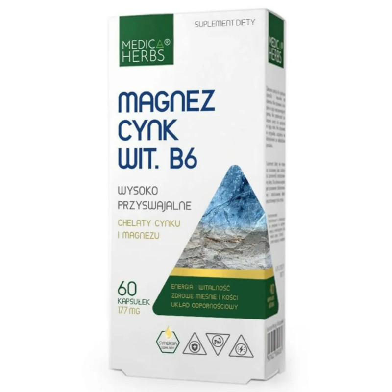 Witaminy i Minerały Kompleks Medica Herbs Magnez Cynk Wit. B6 60kaps