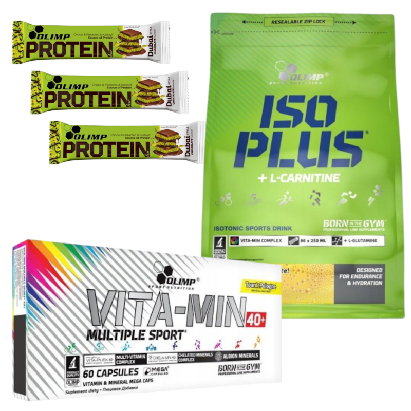 Zestaw Olimp Nutrition Iso Plus 1505g Pomarańczowy 3x bar Dubai 40g Czekolada+ Vita-min Multiple Sport 40+ 60kaps
