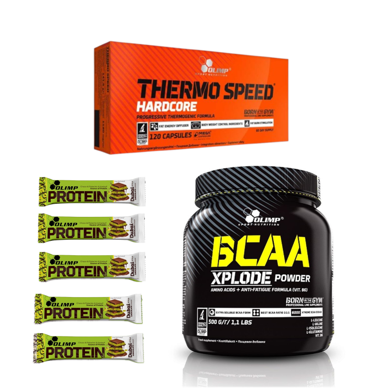 Zestaw Olimp Olimp BCAA Xplode Powder Cytrynowy 500g +Thermo Speed Hardcore 120kaps + x5 Protein Bar Dubai Style Czekolada 40g