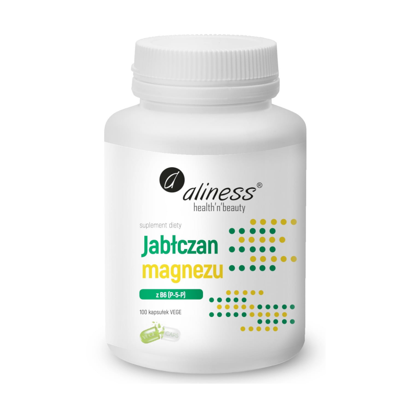 Minerały Magnez + Witamina B6 Aliness Jabłczan Magnezu 100mg + B6 100vkaps
