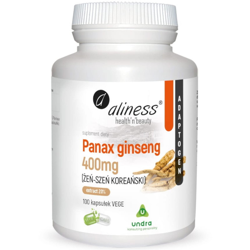 Wsparcie Witalności Żeń-szeń Koreański Aliness Panax Ginseng (Żeń-szeń Koreański) 20% 400mg 100vkaps