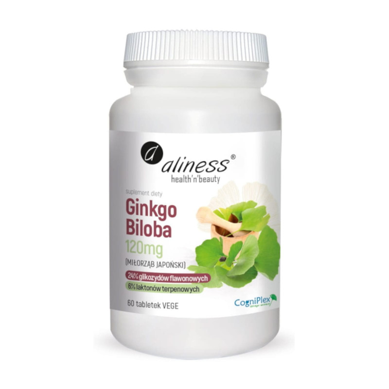 Pamięć i Koncentracja Miłorząb Japoński Aliness Ginkgo Biloba 120mg 60tab