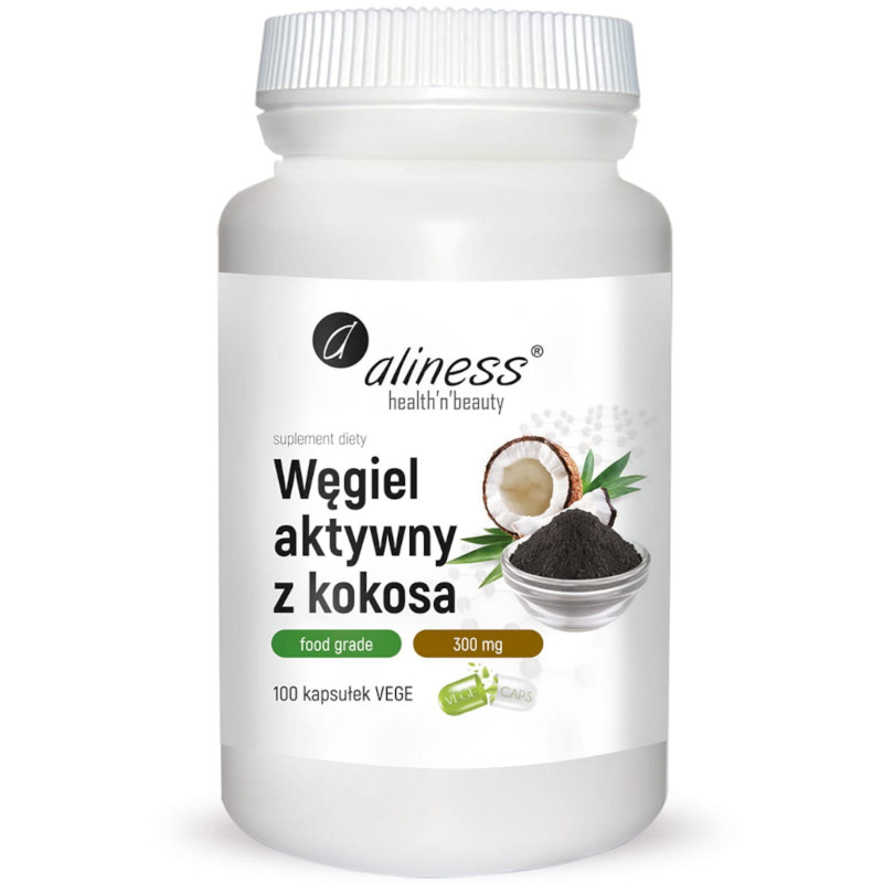 Prawidłowe Trawienie Węgiel Aliness Węgiel Aktywny z Kokosa Food Grade 300 mg 100 kapsułek 100vkaps
