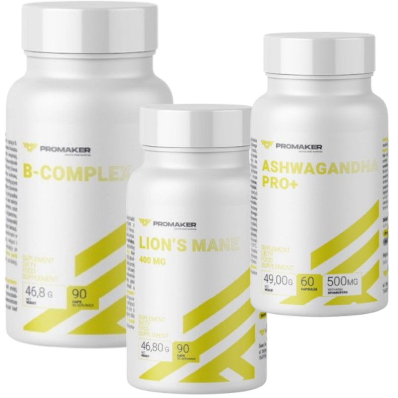 Zestaw Promaker Lion's Mane 400mg 90caps + Promaker Ashwagandha PRO+ 60caps + Promaker B-Complex 90caps