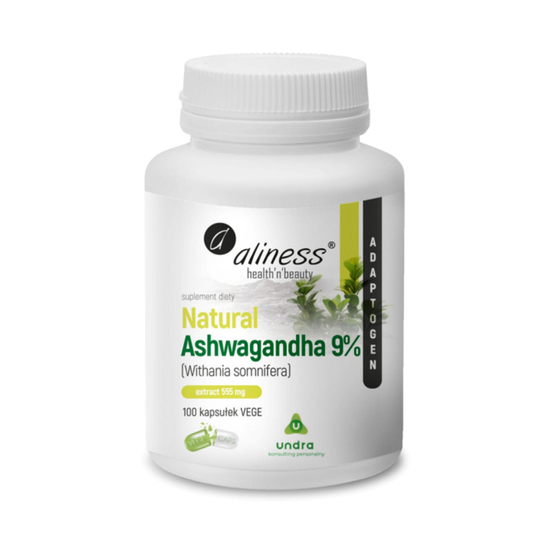 Adaptogeny Witania Ospała Aliness Natural Ashwagandha 555 mg 9% 100 kapsułek 100vkaps