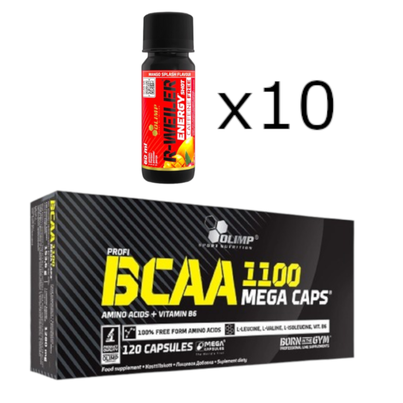 Zestaw Olimp BCAA 1100 120kaps + 10x R-Weiler Shot 60ml mango