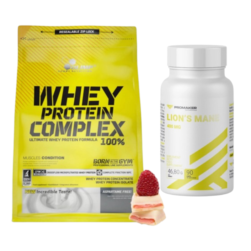 Zestaw Olimp whey protein 700g biała czekolada z maliną + Promake Lion's Mane 400mg 90kaps