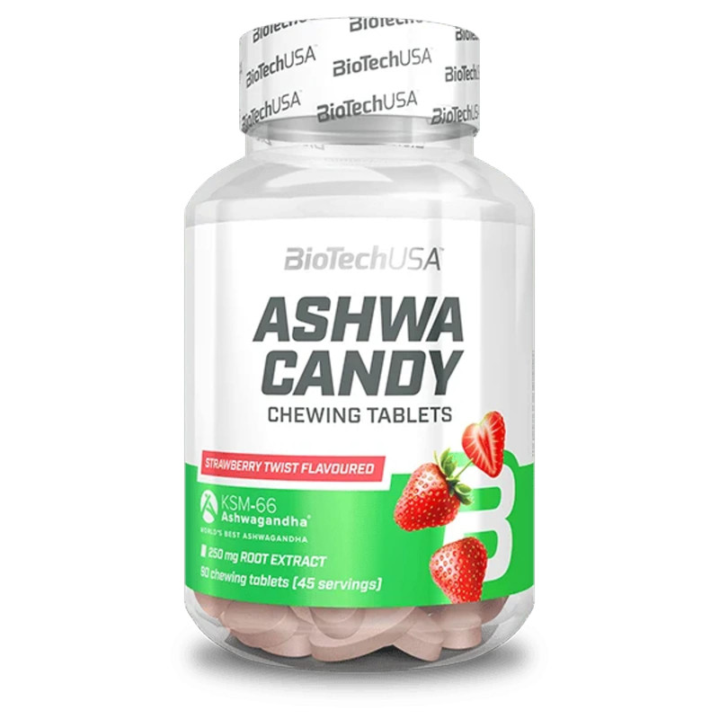 Adaptogeny Ashwagandha BioTechUSA Ashwa Candy 250 mg Strawberry Twist 90 tabletek