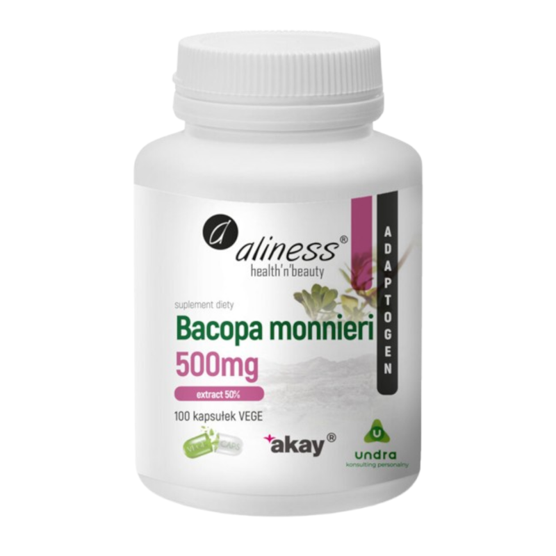 Pamięć i Koncentracja Adaptogeny Aliness Bacopa Monnieri Extract 50% 500mg 100kaps