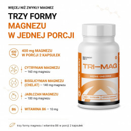 Tri-Mag Świat Supli: 400 mg magnezu z cytrynianu, bisglicynianu i jabłczanu oraz 10 mg B6 w 2 kapsułkach.