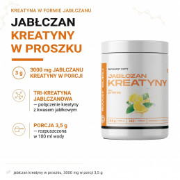Jabłczan Kreatyny smak cytryna Świat Supli – infografika składu: jabłczan kreatyny w proszku, 3000 mg w porcji 3,5 g.
