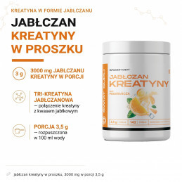 Jabłczan Kreatyny smak pomarańcza Świat Supli – infografika składu: jabłczan kreatyny w proszku, 3000 mg w porcji 3,5 g.