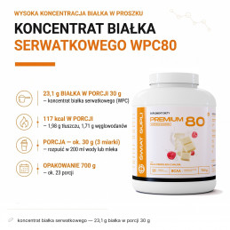 WPC Premium 80 700g smak biała czekolada z malinami – skład: koncentrat białka serwatkowego — 23,1 g białka w porcji 30 g.