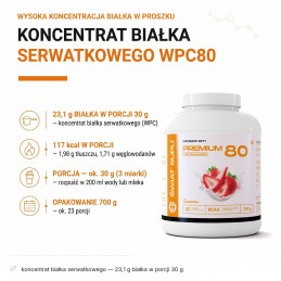 WPC Premium 80 700g smak truskawka Świat Supli – skład: koncentrat białka serwatkowego — 23,1 g białka w porcji 30 g.