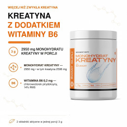 Kreatyna Świat Supli 500 g, naturalna: 2950 mg monohydratu (2596 mg kreatyny) i 0,2 mg B6 w porcji 3 g.