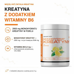 Kreatyna Świat Supli 500 g, cytryna: 2950 mg monohydratu (2596 mg kreatyny) i 0,2 mg B6 w porcji 3 g.
