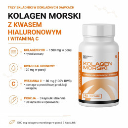 Kolagen morski Świat Supli: 1500 mg kolagenu rybiego, 120 mg kwasu hialuronowego i 80 mg witaminy C w 3 kapsułkach.