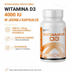Witamina D3 Świat Supli: 4000 IU (100 µg) w kapsułce, opakowanie 120 kapsułek.