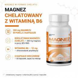 Magnez chelatowany Świat Supli: 300 mg magnezu z bisglicynianu i 10 mg witaminy B6 w porcji 2 kapsułek.