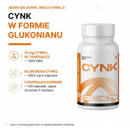 Cynk Świat Supli: 15 mg cynku z glukonianu cynku w jednej kapsułce, opakowanie 100 kapsułek.