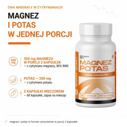 Magnez Potas Świat Supli: 300 mg magnezu i 200 mg potasu z cytrynianów w porcji 2 kapsułek.