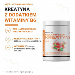 Kreatyna Świat Supli 300 g, arbuz: 2950 mg monohydratu (2596 mg kreatyny) i 0,2 mg B6 w porcji 3 g.
