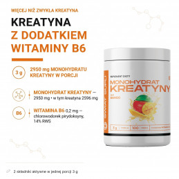 Kreatyna Świat Supli 300 g, mango: 2950 mg monohydratu (2596 mg kreatyny) i 0,2 mg B6 w porcji 3 g.
