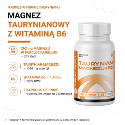 Taurynian magnezu 1310 mg + B6 Świat Supli – 235,8 mg magnezu w formie taurynianu z witaminą B6 w porcji dwóch kapsułek.