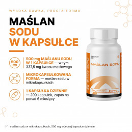 Maślan sodu Świat Supli: 500 mg w kapsułce, w tym 337,5 mg kwasu masłowego; 200 kapsułek.