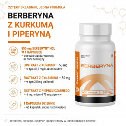 Berberyna Świat Supli: ekstrakt z berberyną, kurkuma, cynamon i pieprz czarny w kapsułce; 60 kapsułek.