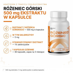 Różeniec górski Świat Supli – infografika składu: 500 mg ekstraktu i 5 mg salidrozydów w jednej kapsułce.