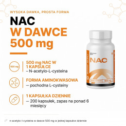 NAC Świat Supli: 500 mg N-acetylo-L-cysteiny w kapsułce, opakowanie 200 kapsułek.
