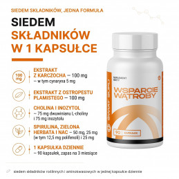 Wsparcie wątroby Świat Supli – infografika składu: siedem składników roślinnych i aminokwasowych w jednej kapsułce dziennie.