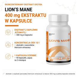 Lion's Mane Świat Supli – skład: ekstrakt z soplówki jeżowatej (Hericium erinaceus) w dawce 400 mg w jednej kapsułce dziennie.