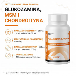 Glukozamina z dodatkiem MSM i chondroityny Świat Supli – skład: glukozamina, MSM i chondroityna w jednej kapsułce dziennie.