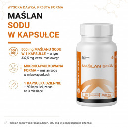 Maślan sodu Świat Supli: 500 mg w kapsułce, w tym 337,5 mg kwasu masłowego; 90 kapsułek.