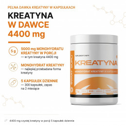 Kreatyna Świat Supli: 5000 mg monohydratu, w tym 4400 mg kreatyny w 5 kapsułkach; 300 kapsułek.