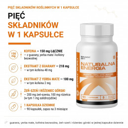 Naturalna Energia Świat Supli: guarana, yerba mate, kofeina, żeń-szeń i różeniec; 150 mg kofeiny w kapsułce.