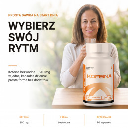 Kofeina Świat Supli – Wybierz swój rytm. Kofeina bezwodna — 200 mg w jednej kapsułce dziennie, prosta forma bez dodatków.