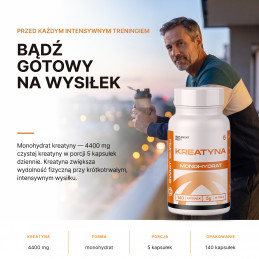 Kreatyna Świat Supli – Bądź gotowy na wysiłek. Monohydrat kreatyny — 4400 mg czystej kreatyny w porcji 5 kapsułek dziennie.