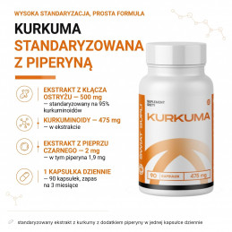 Kurkuma Świat Supli – infografika składu: standaryzowany ekstrakt z kurkumy z dodatkiem piperyny w jednej kapsułce dziennie.