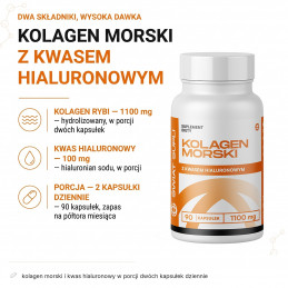 Kolagen morski z kwasem hialuronowym Świat Supli – skład: kolagen morski i kwas hialuronowy w porcji dwóch kapsułek dziennie.