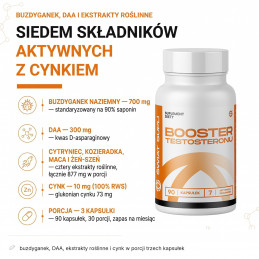 Booster testosteronu Świat Supli – infografika składu: buzdyganek, DAA, ekstrakty roślinne i cynk w porcji trzech kapsułek.
