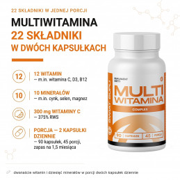 Multiwitamina Complex Świat Supli – infografika składu: dwanaście witamin i dziesięć minerałów w porcji dwóch kapsułek dziennie.