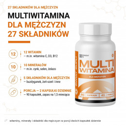 Multiwitamina dla mężczyzn Świat Supli – skład: witaminy, minerały i składniki dla mężczyzn w porcji dwóch kapsułek dziennie.