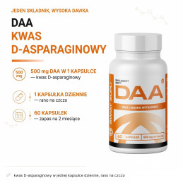 DAA Świat Supli: 500 mg kwasu D-asparaginowego w kapsułce, opakowanie 60 kapsułek.